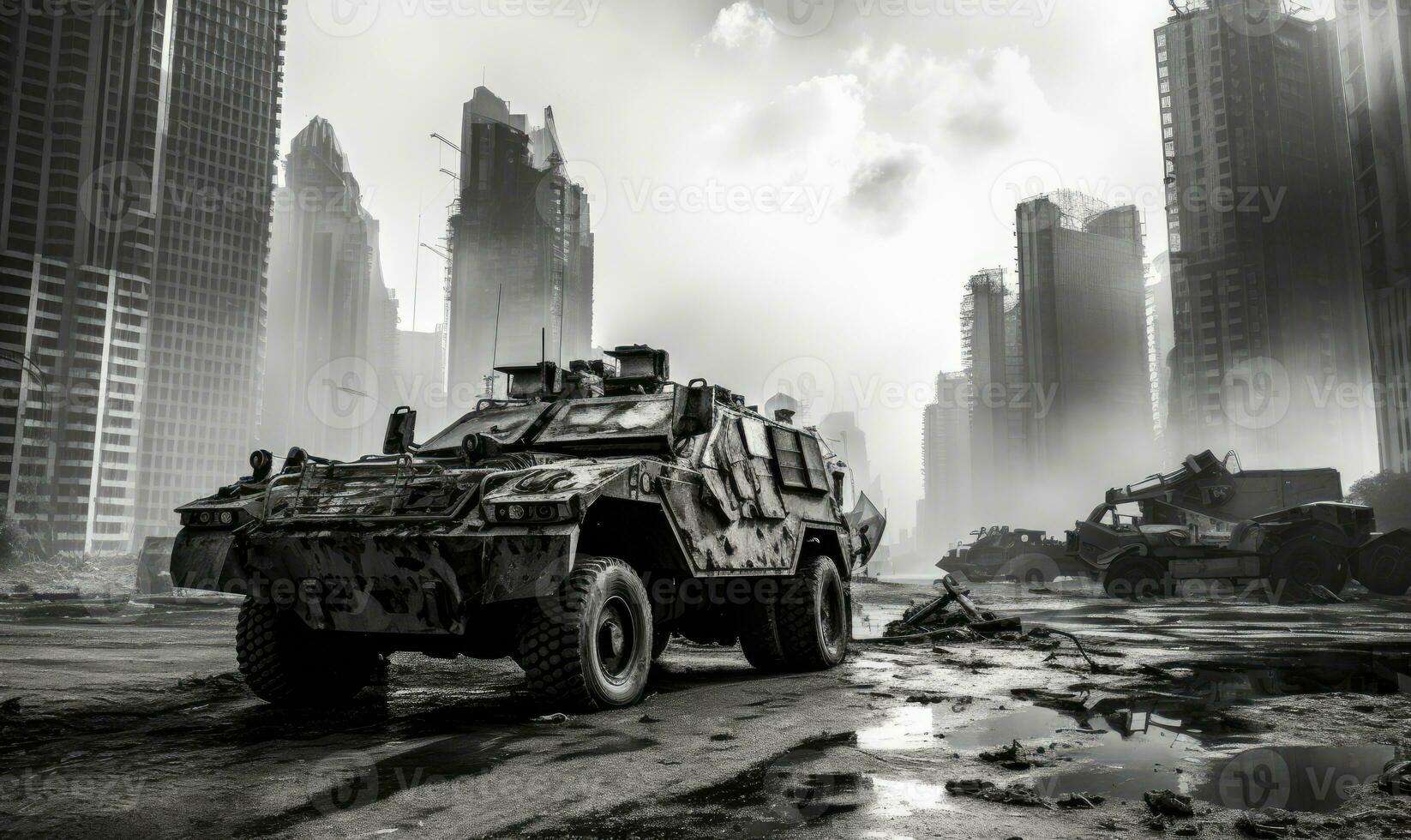 Burnt-out military vehicle. AI generative. photo