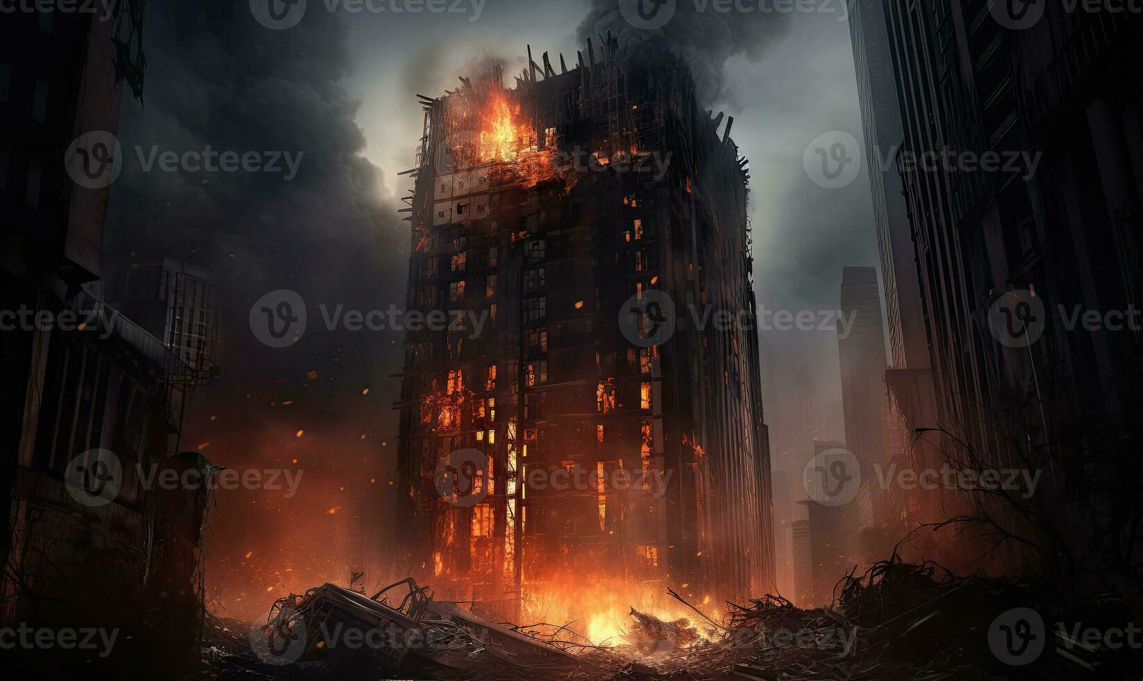 Sky-high fire and smoke envelop a skyscraper. AI generative. photo