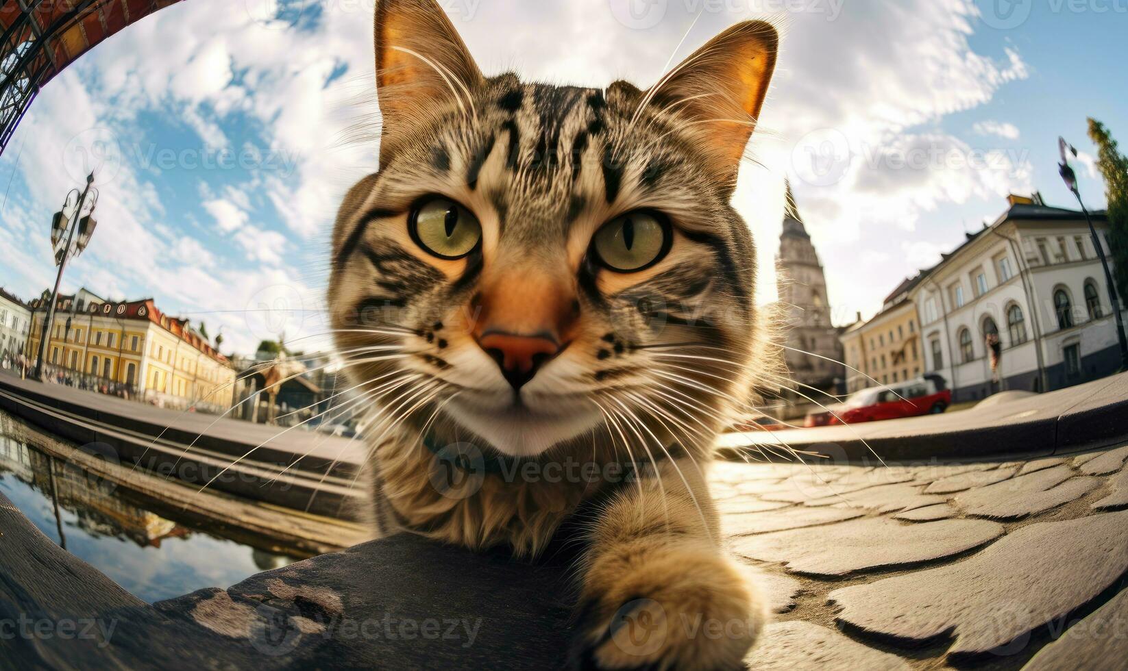 Curious feline capturing itself with a camera. AI generative. photo