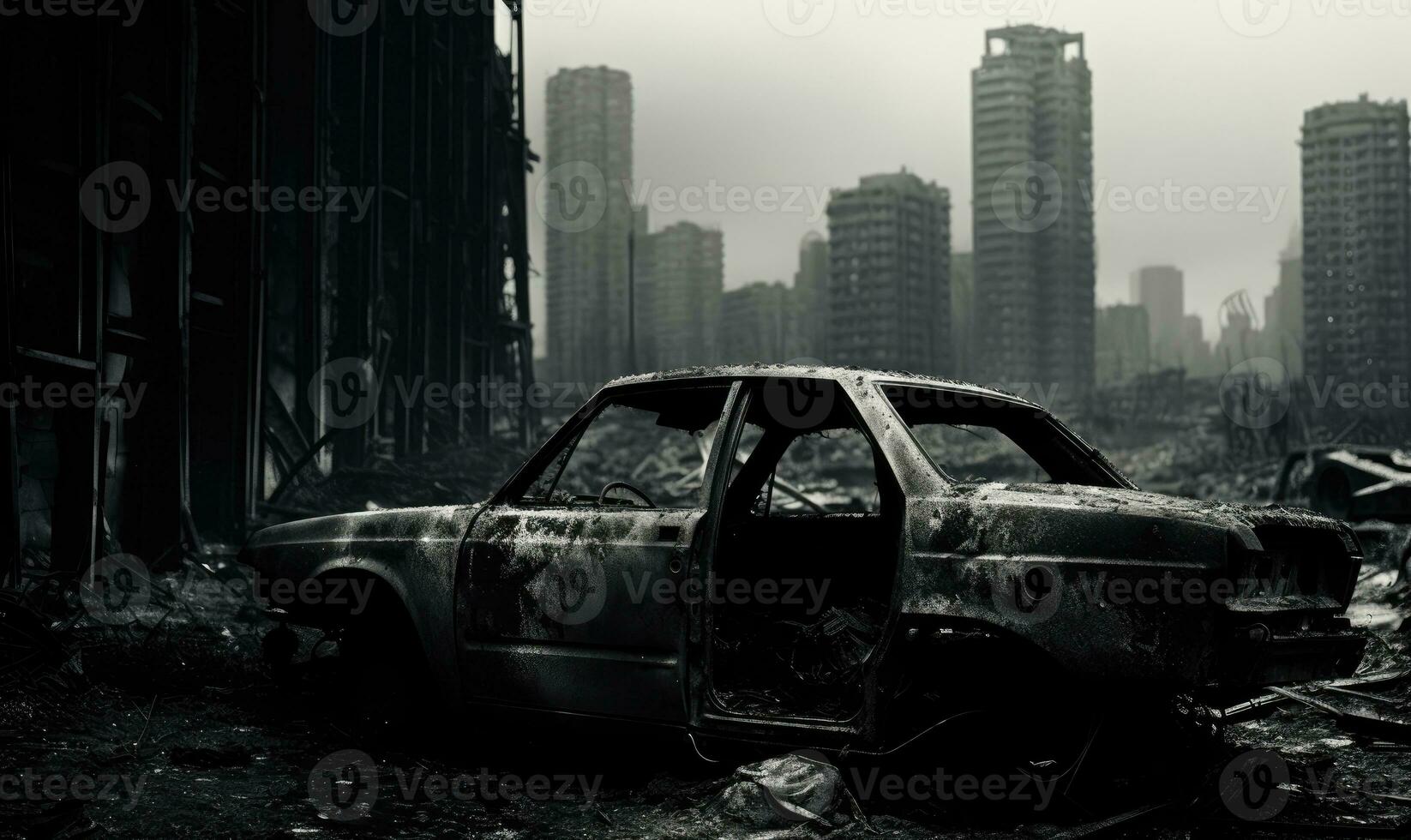 Burnt-out police car in an a city street backdrop. AI generative. photo