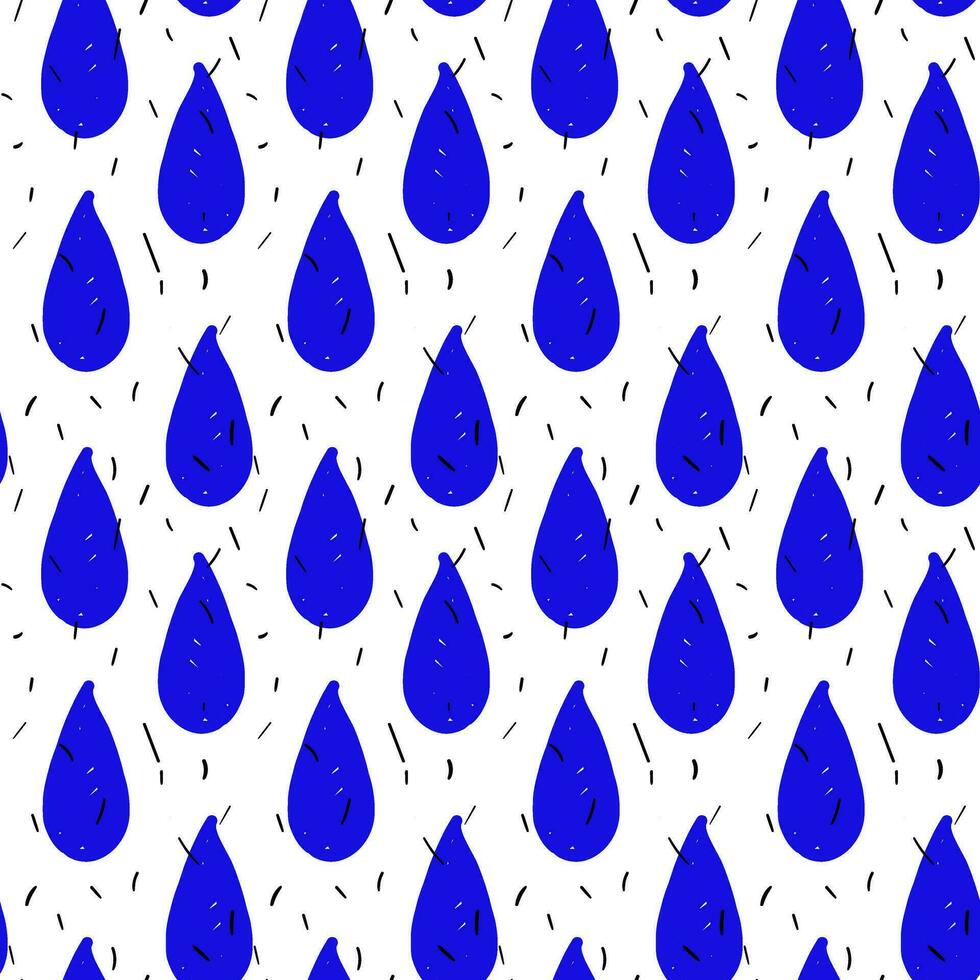 Seamless pattern of water droplets. Rain background. Vector illustration in colored strokes. Marker coloring large blue raindrops with black noise stripes on a white background
