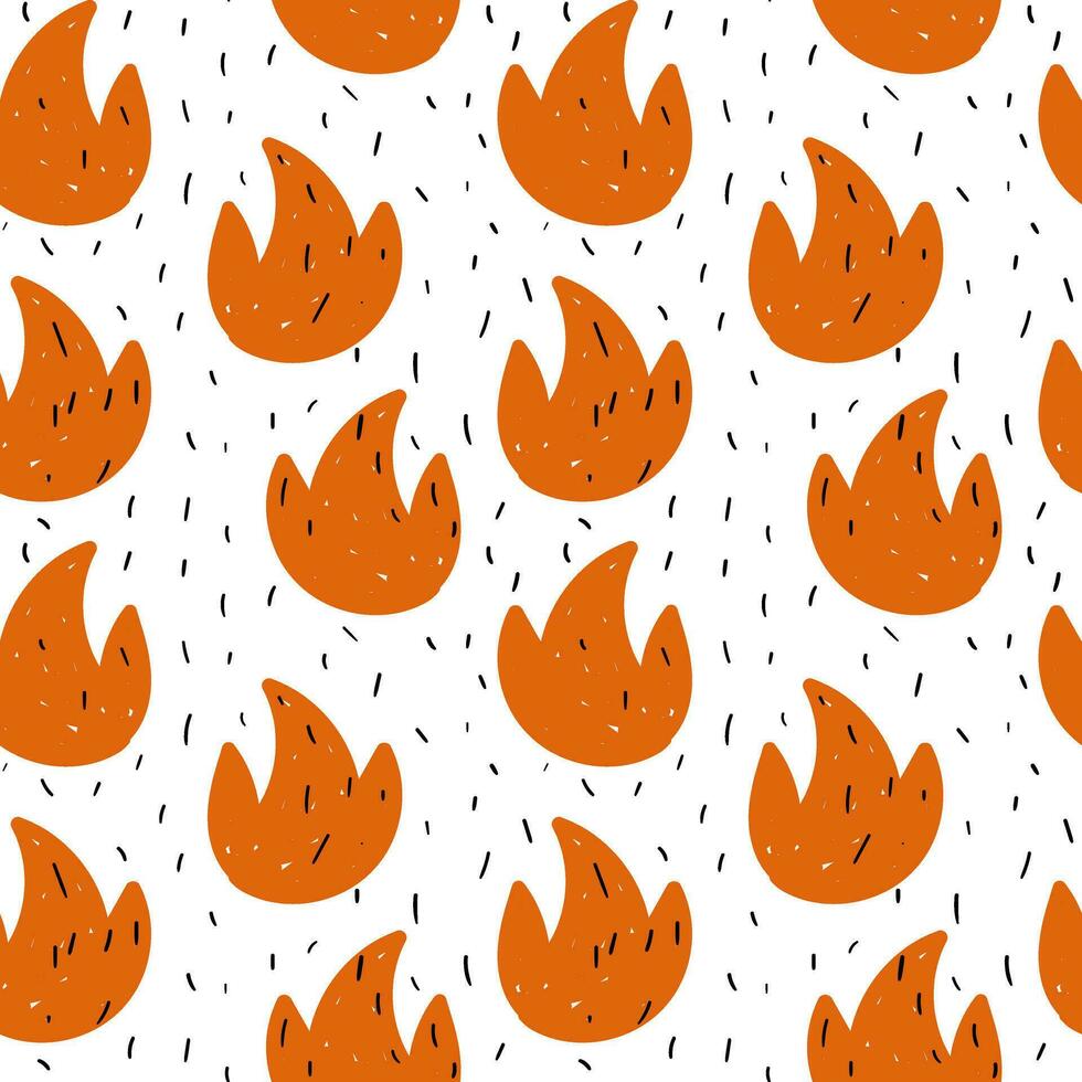 Seamless pattern hatched orange flame. Abstract fiery vector background with stripes of black noise on a white background for printing on textiles, wrapping paper, web design and social networks