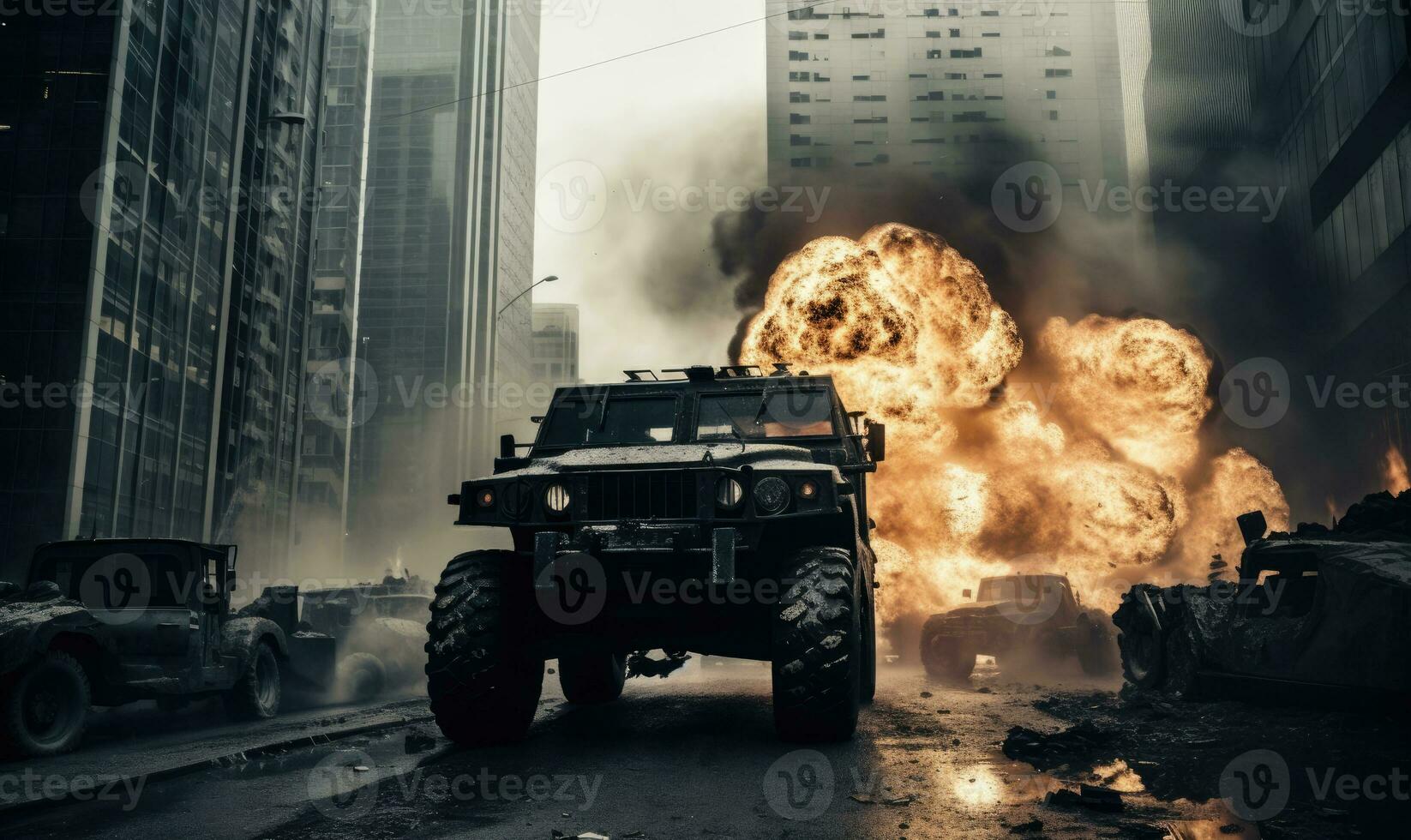 Fiery explosion engulfs a military vehicle amidst a dark. AI generative. photo