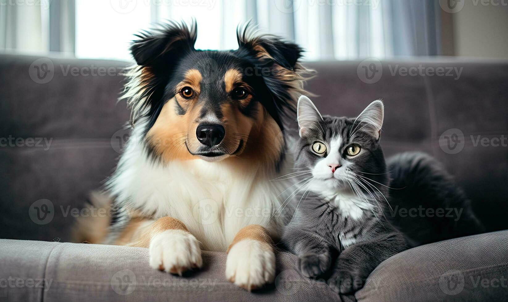 en un sereno vivo habitación, dos adorable mascotas, un perro y un gato. ai generativo. foto
