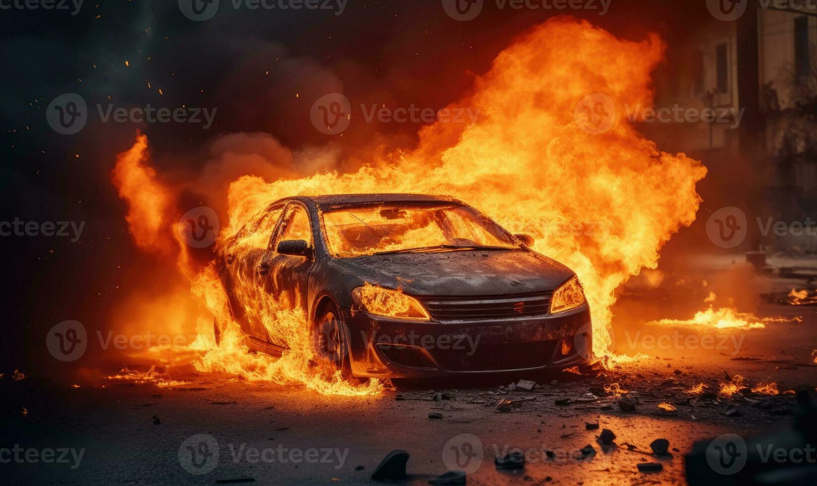 Burning car emitting thick smoke on a street. AI generative. photo