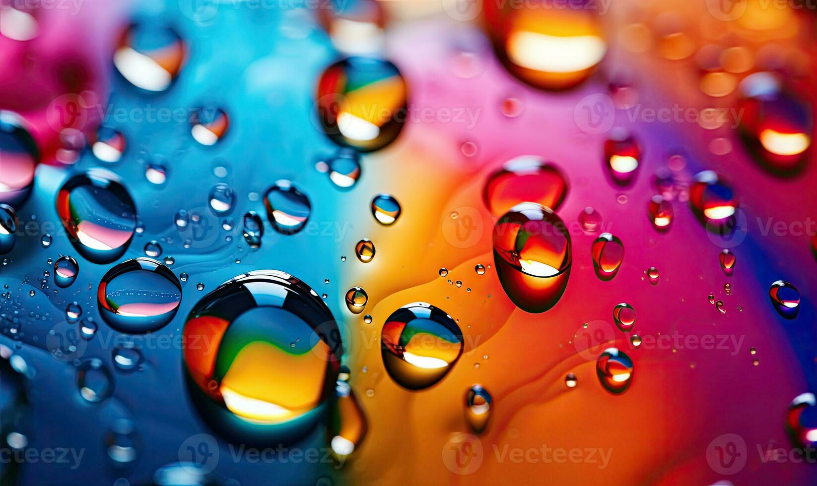 Close-up multicolored drops of water on surface. AI generative. photo