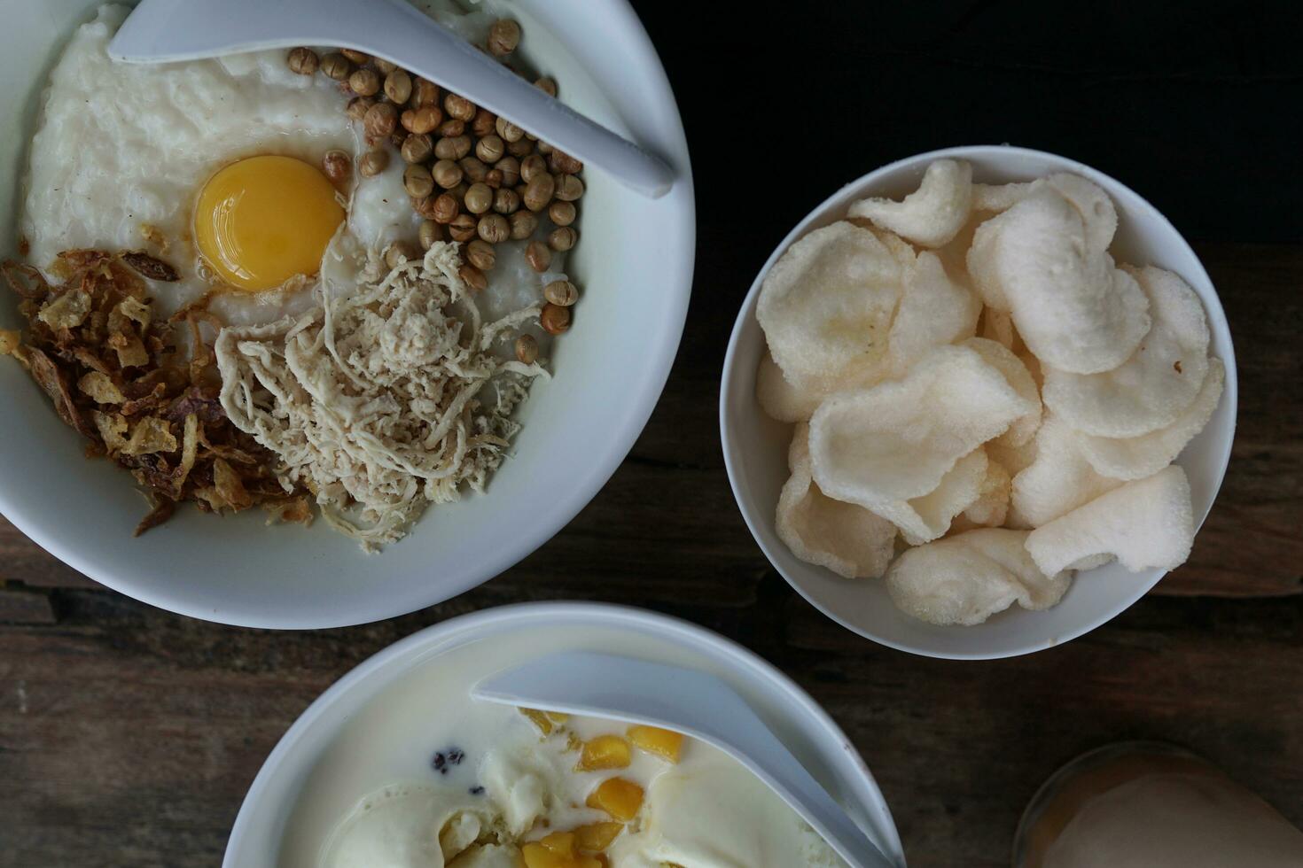 breakfast, snacks in the form of chicken porridge and ice cream photo