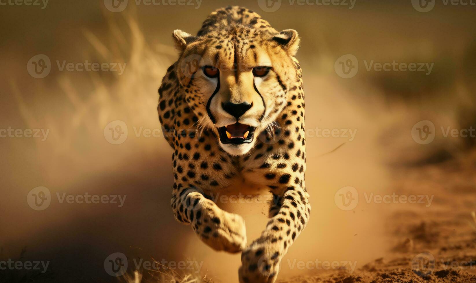 Majestic cheetah sprints across a dusty desert road. AI generative. photo