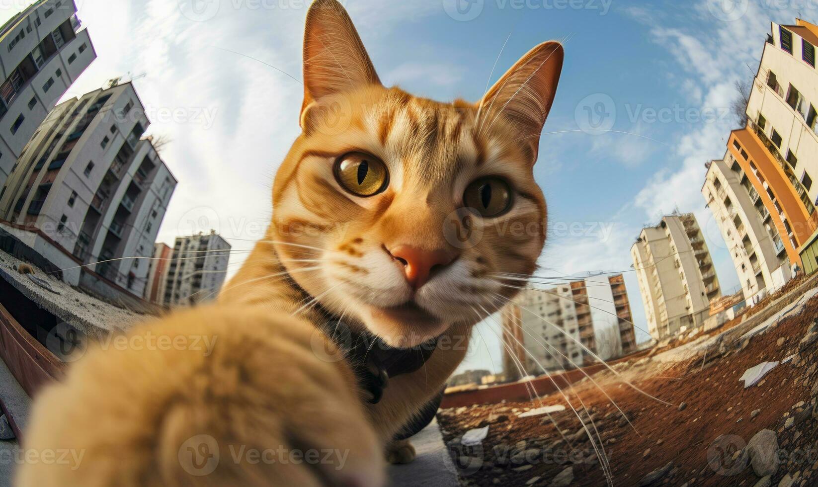 Curious feline capturing itself with a camera. AI generative. photo