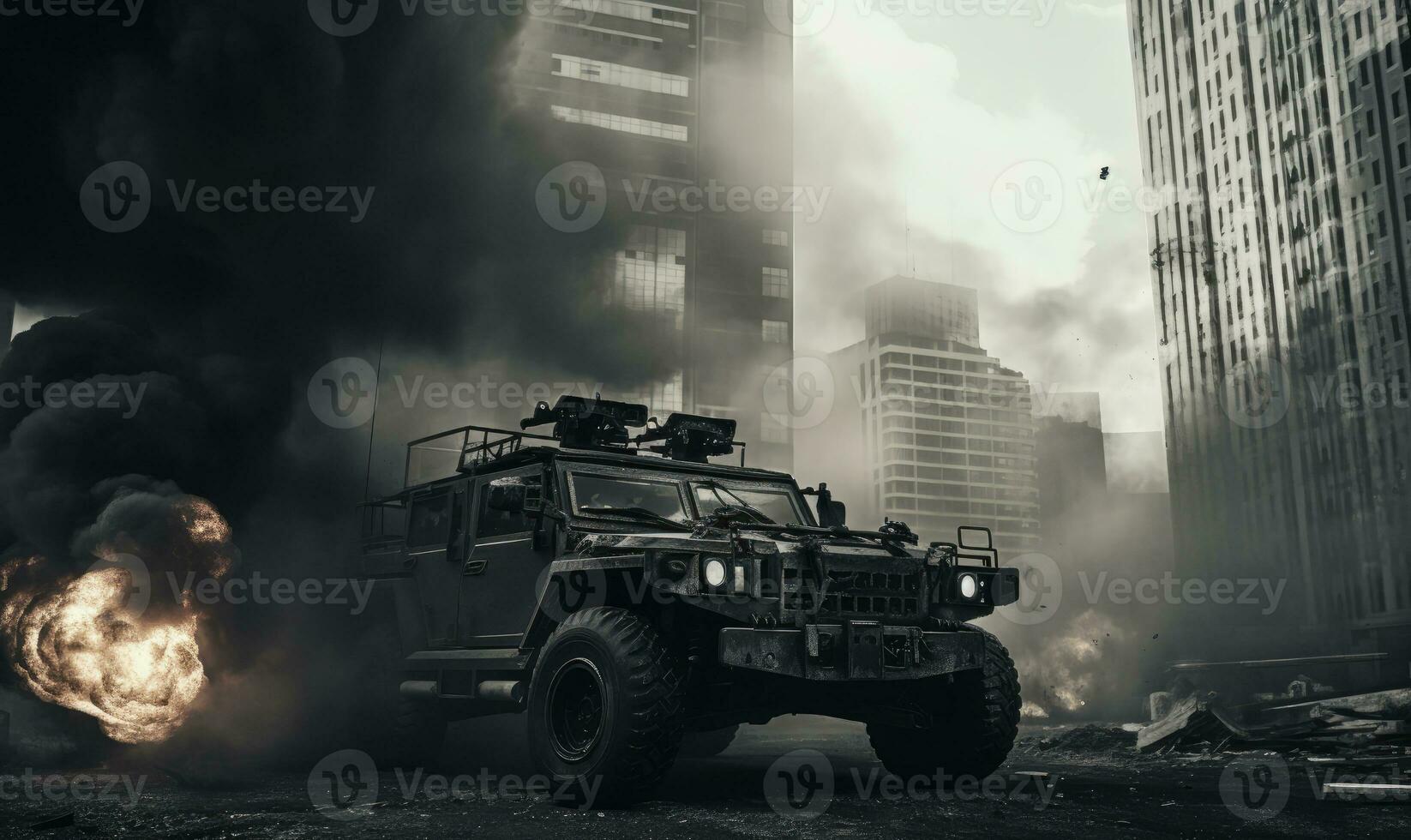 Fiery explosion engulfs a military vehicle amidst a dark. AI generative photo