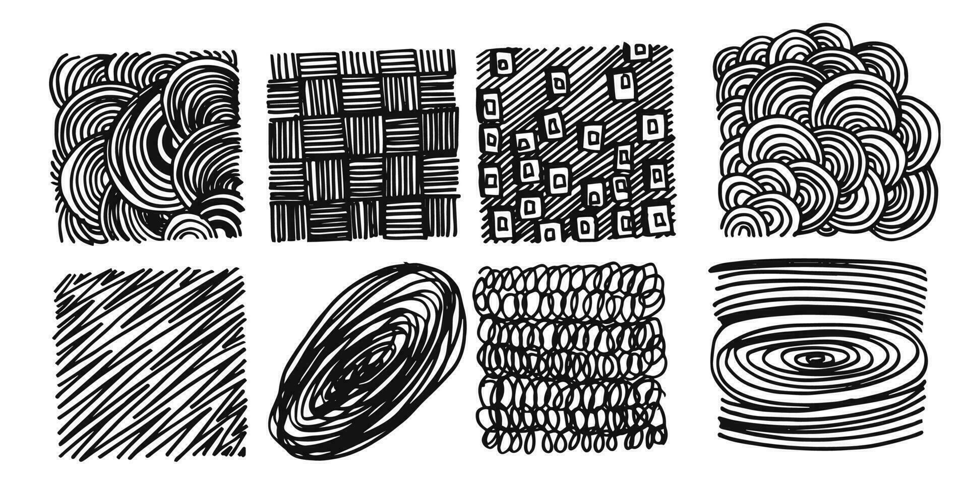 Pattern, texture, line hand drawn. Hatch drawing pen ink and crosshatch draw pencil sketch. Doodle scratch style. Black shape isolated on white background. Vintage graphic design. Vector illustration