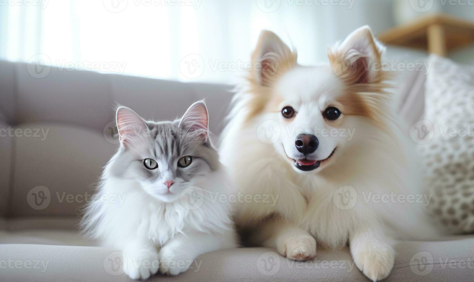 en un sereno vivo habitación, dos adorable mascotas, un perro y un gato. ai generativo. foto