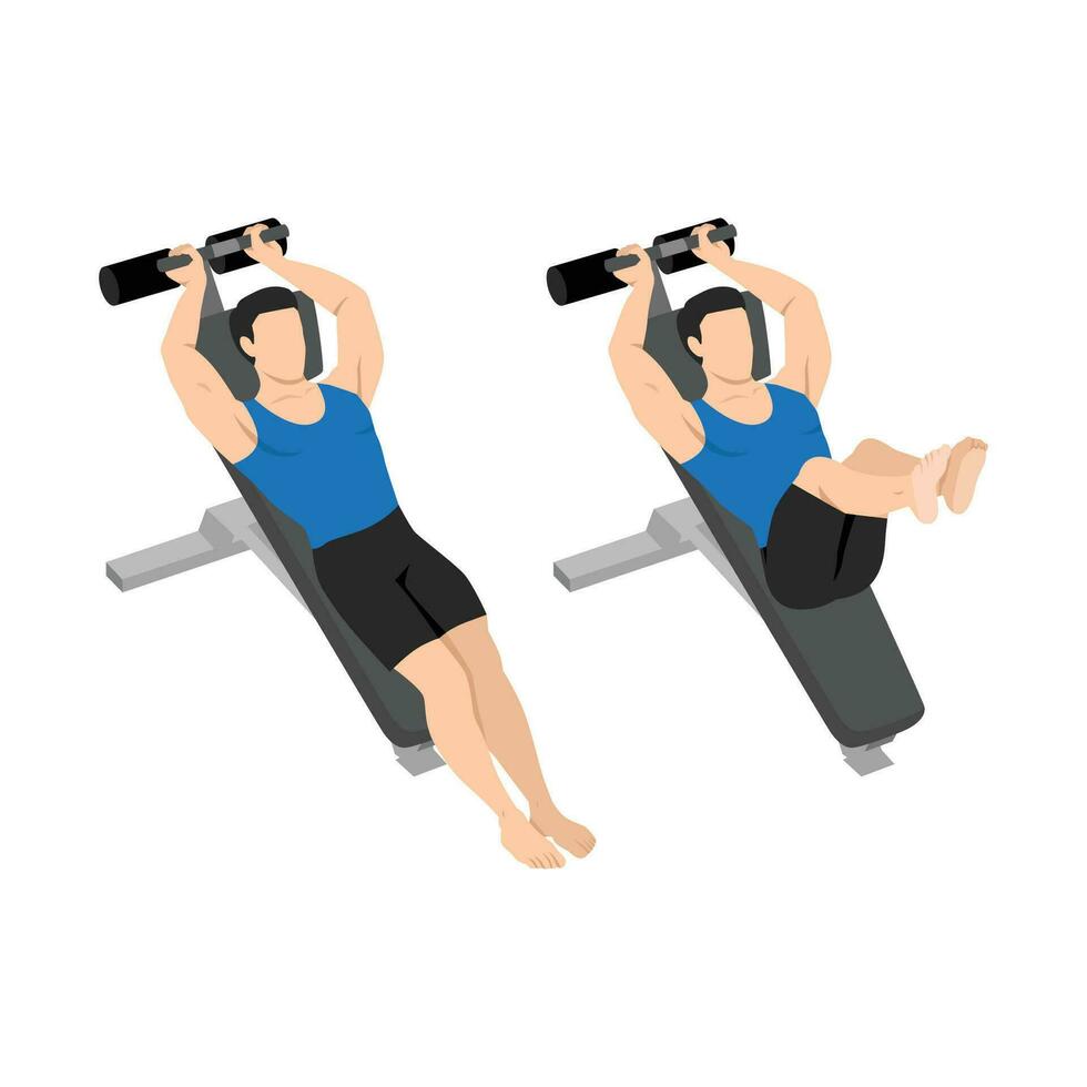 Man doing incline bench reverse crunch exercise. vector
