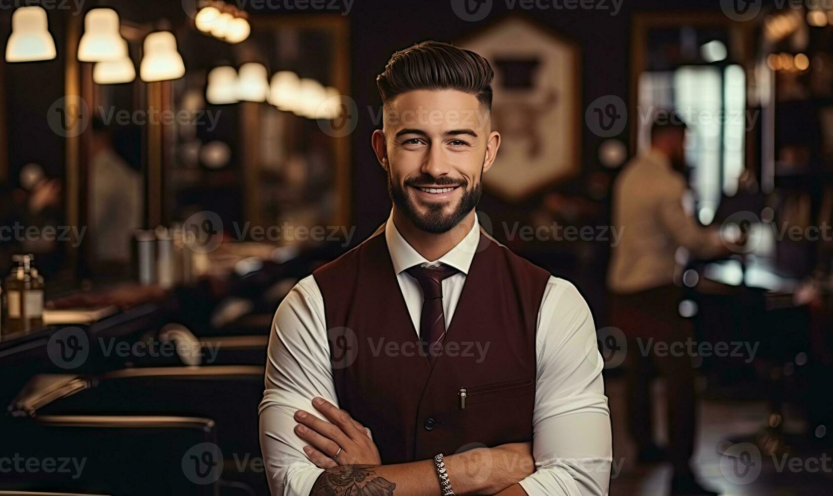 Baristas in aprons share heartfelt smiles. AI generative. photo