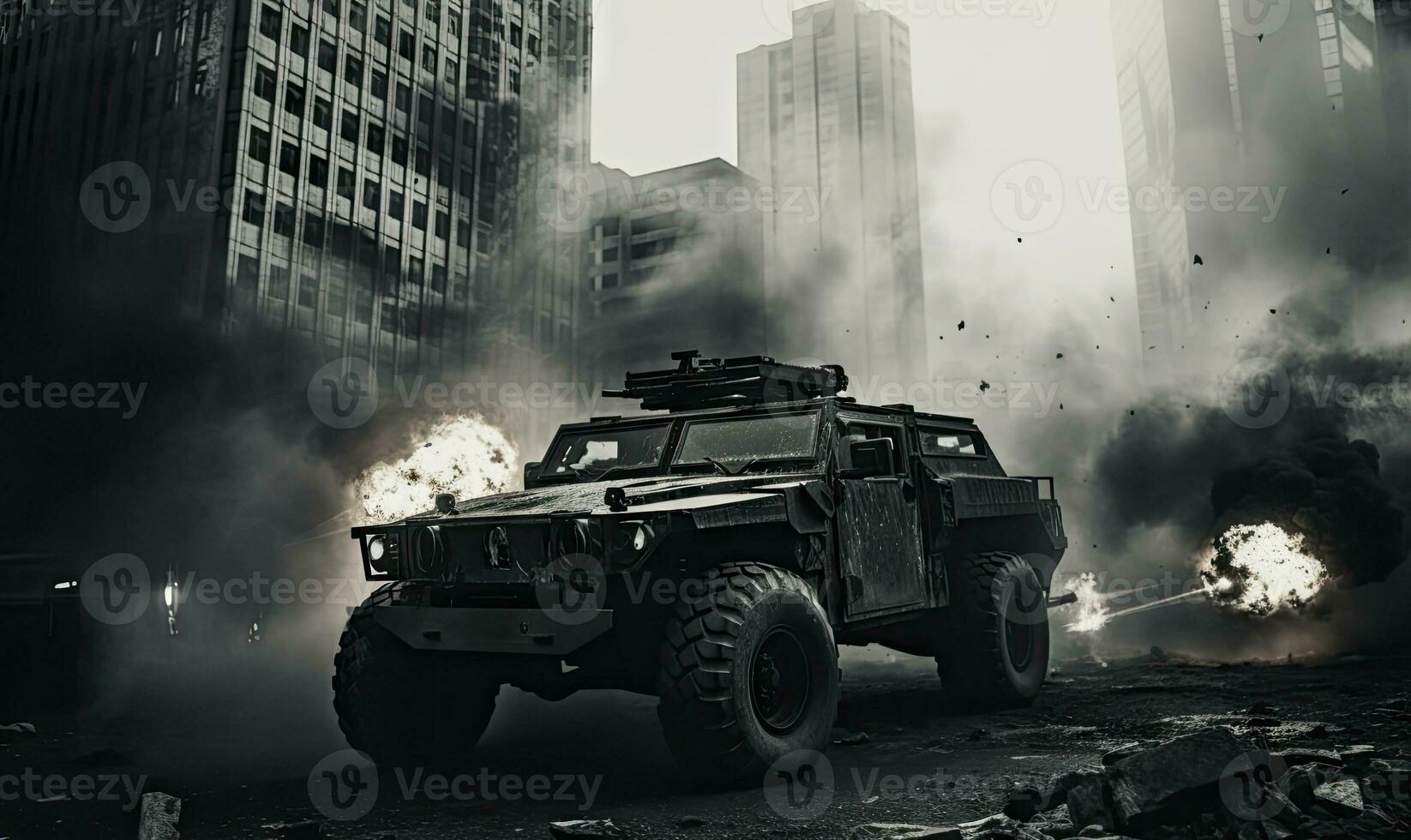 Fiery explosion engulfs a military vehicle amidst a dark. AI generative. photo