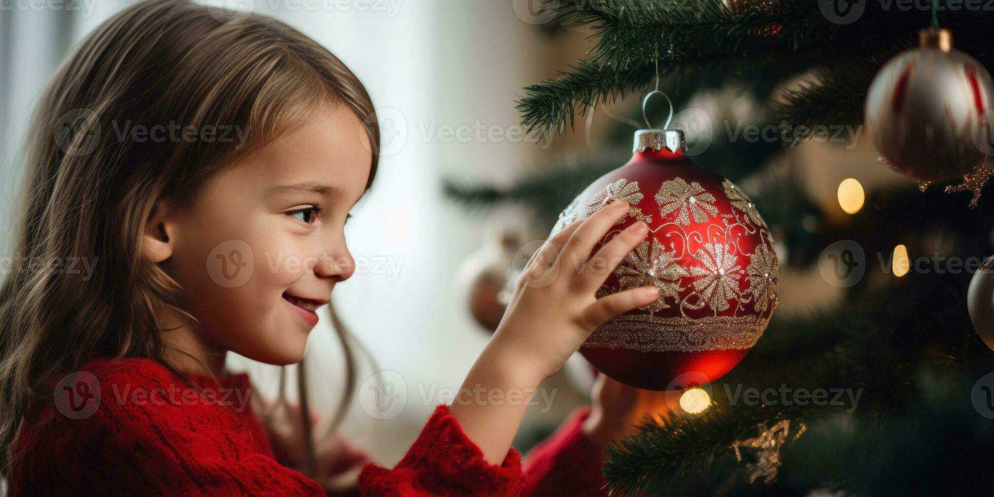 Delighted child placing decorations on a festive Christmas tree. AI generative. photo