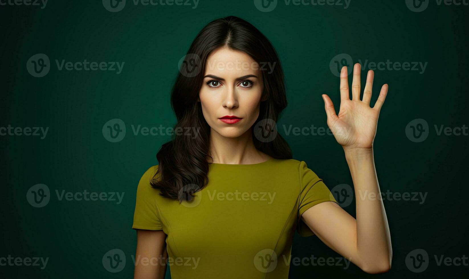 Woman white confidently displaying a stop hand sign, AI generative. photo