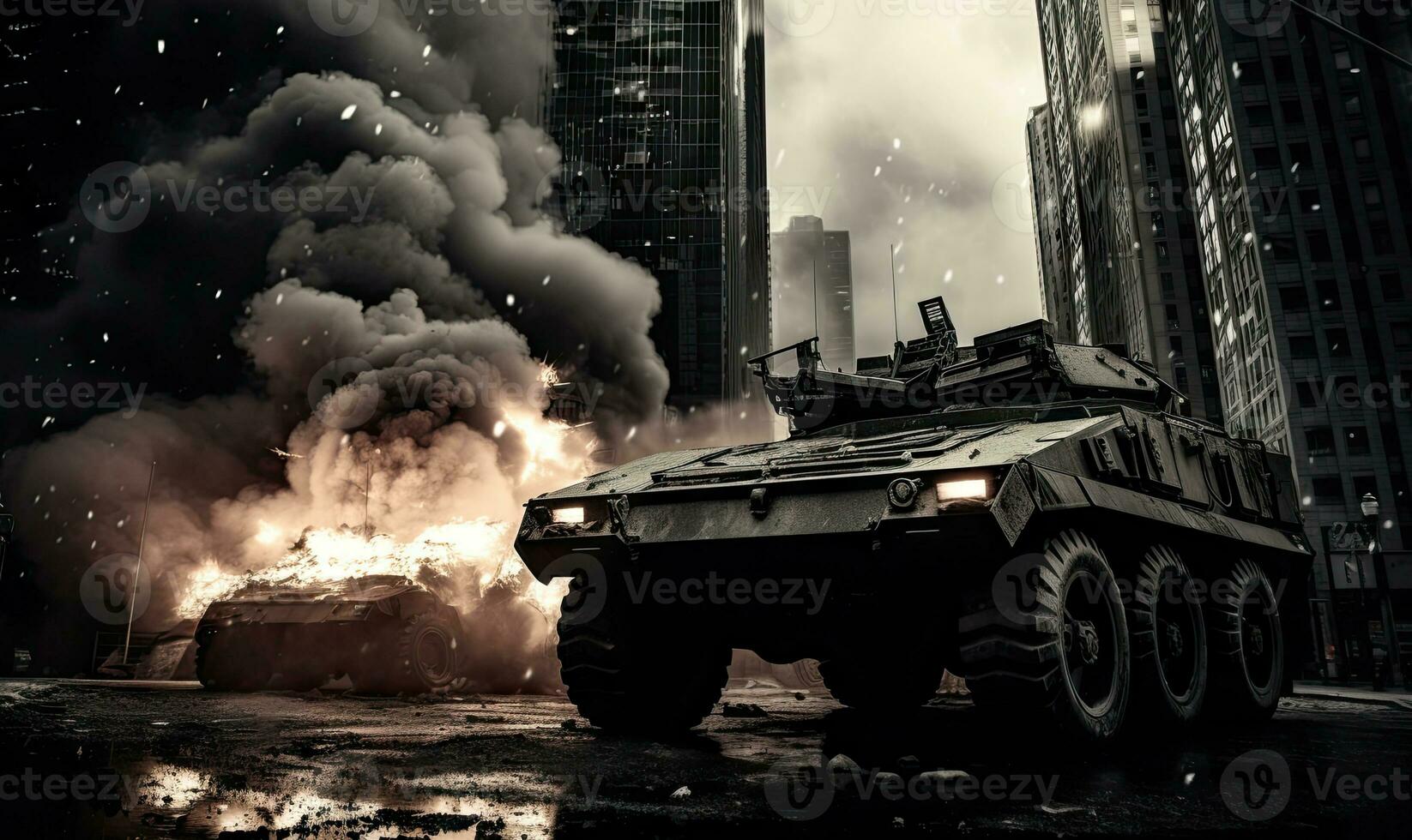 Fiery explosion engulfs a military vehicle amidst a dark. AI generative. photo