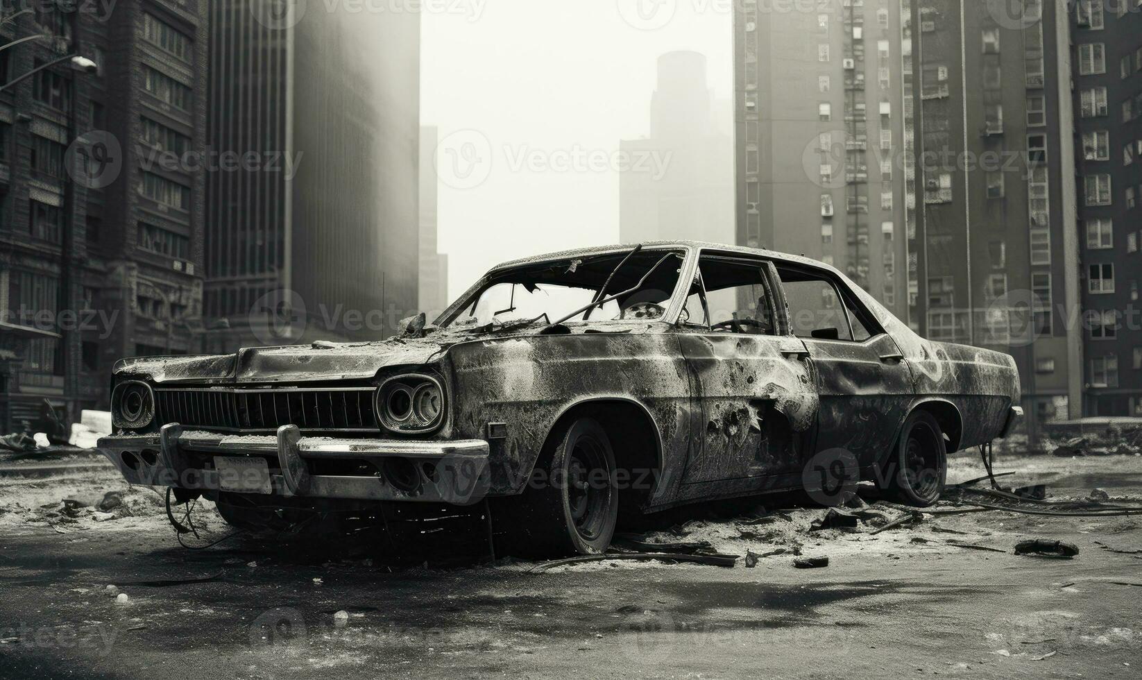 Abandoned, wrecked car in a city. AI generative. photo