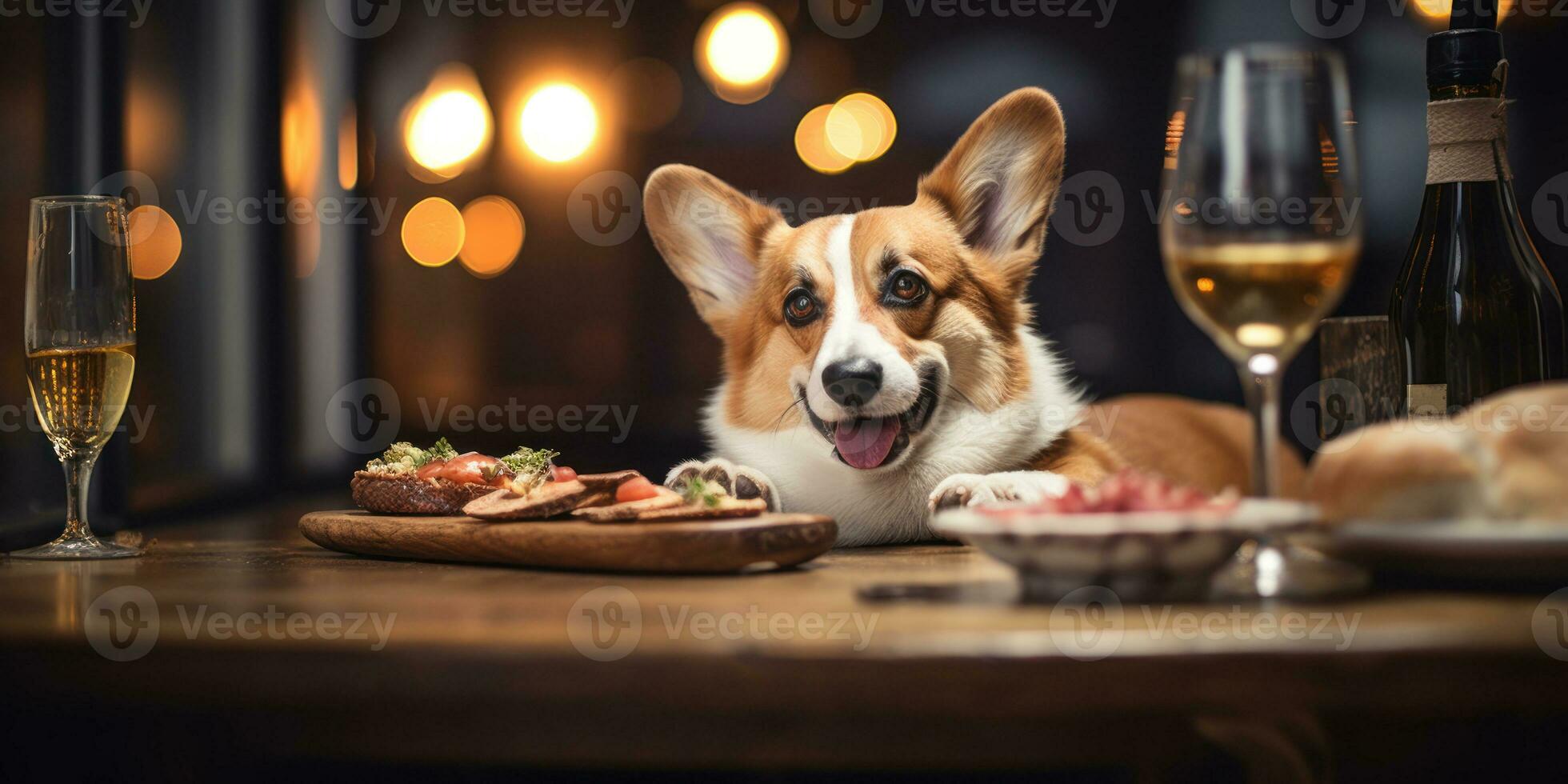 Charming corgi dog joyfully enjoys a delightful meal at a cozy wooden table. AI generative. photo