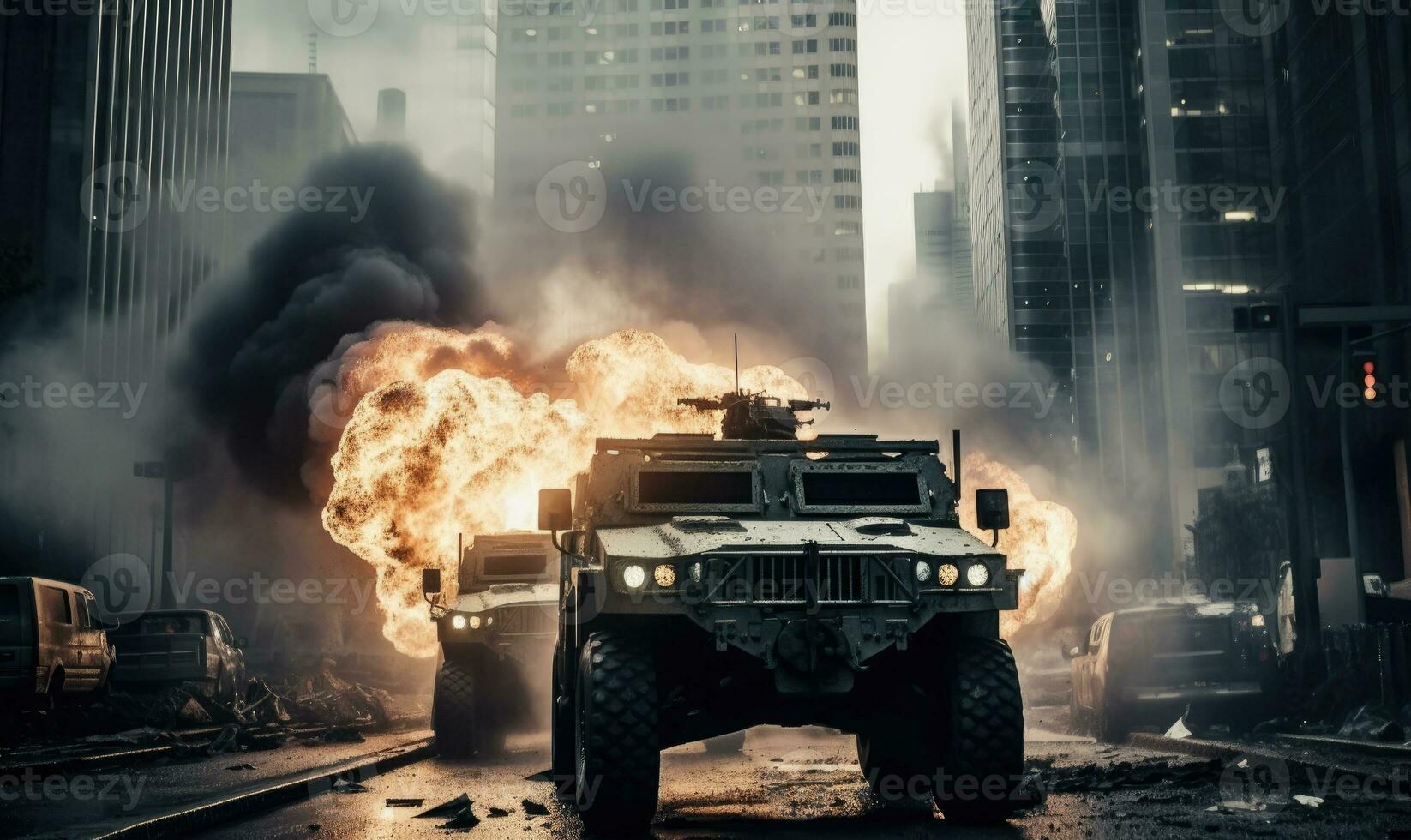 Fiery explosion engulfs a military vehicle amidst a dark. AI generative. photo
