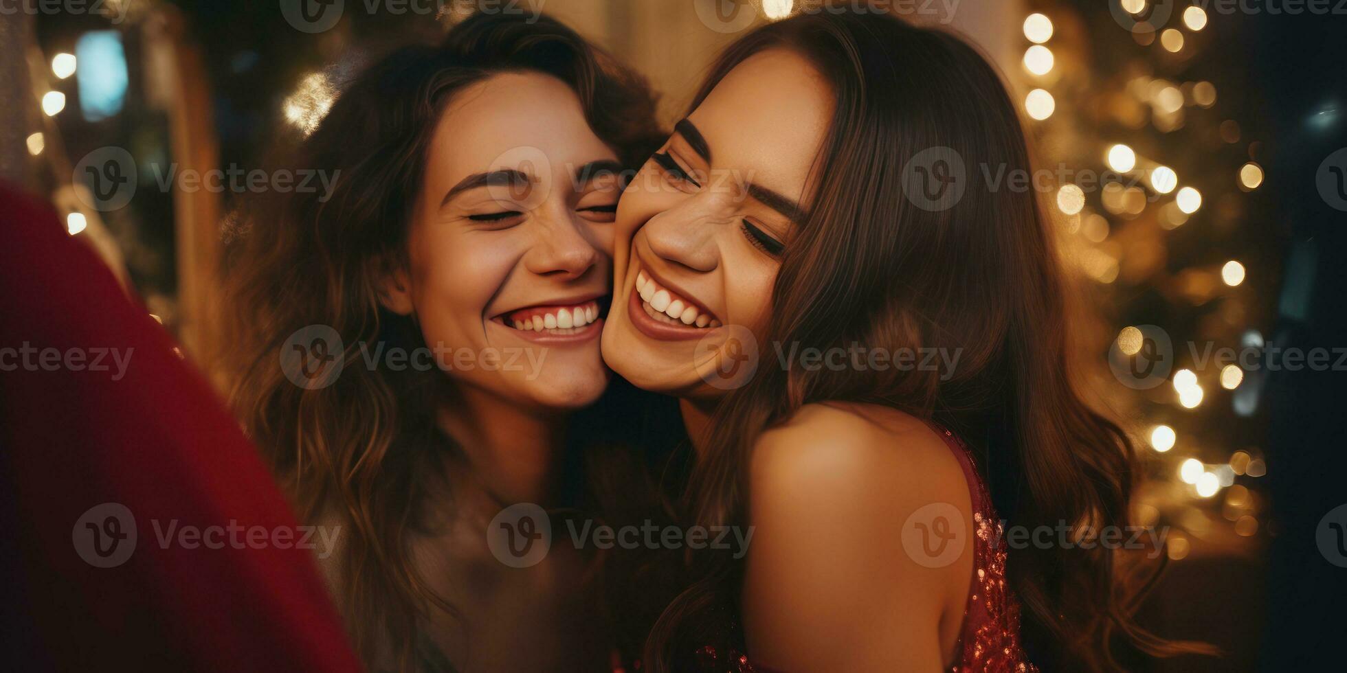 dos alegre mujer en vestidos abrazo a un animado fiesta. ai generativo. foto