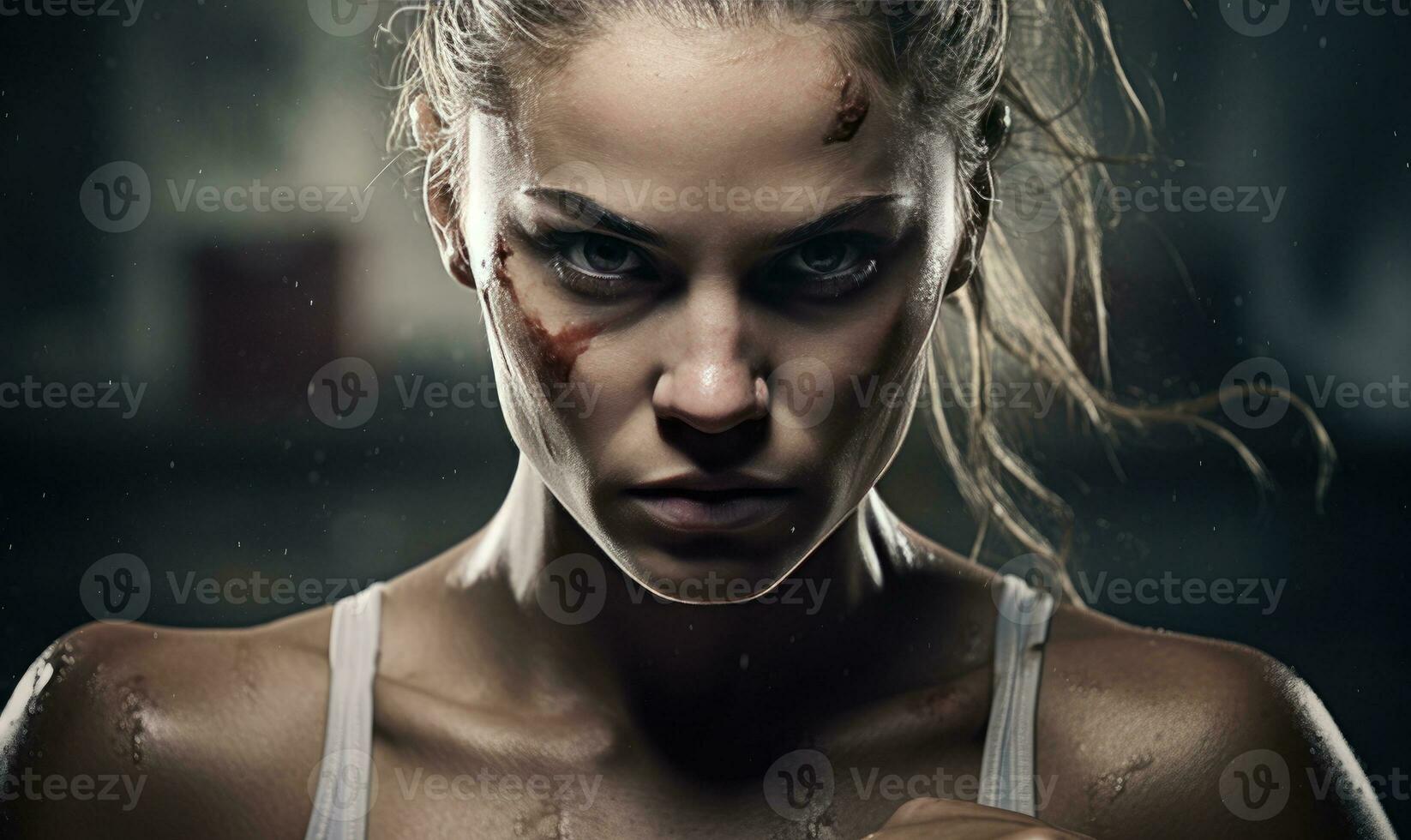 Powerful stance of a woman boxer. AI generative. photo