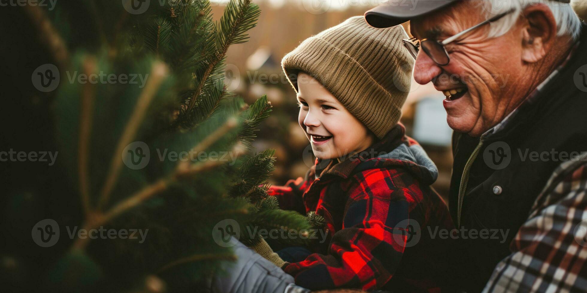 Grandpa and grandson picking out a Christmas tree. AI generative. photo