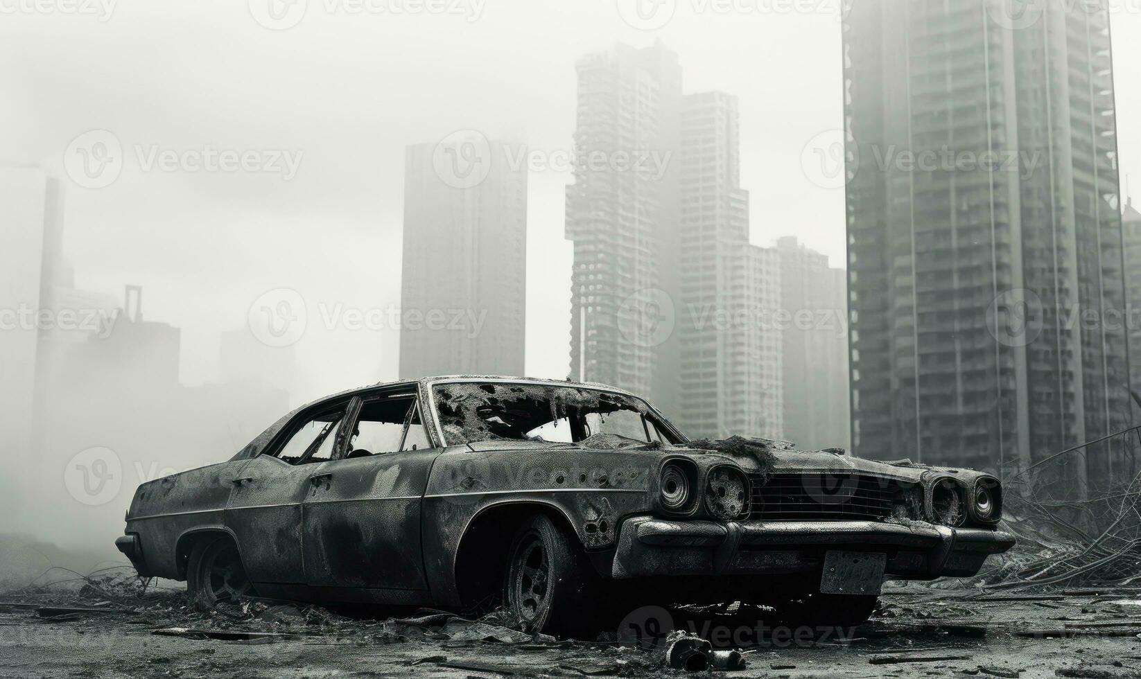 abandonado, destrozado coche en un ciudad. ai generativo. foto