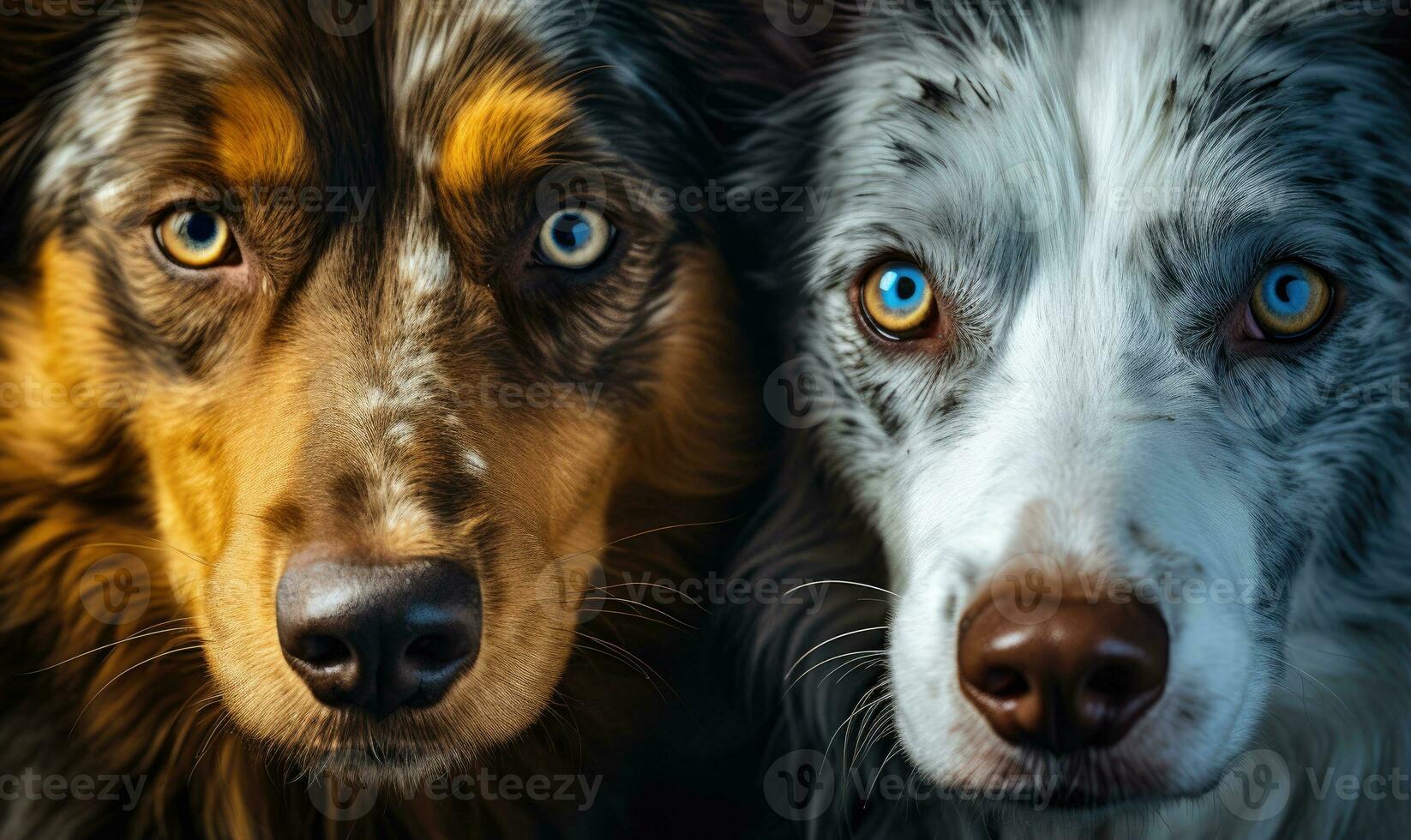 In a close union, two dogs showcase a striking contrast of blue and gold eyes. AI generative. photo