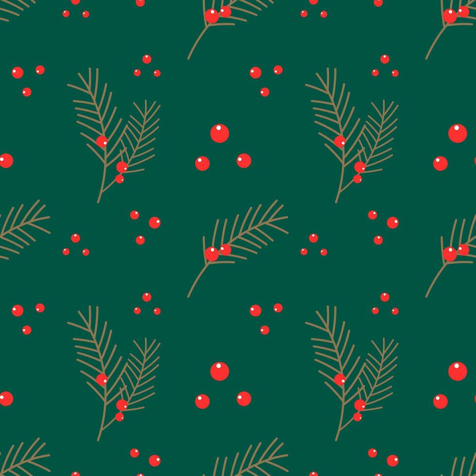 Christmas pattern with fir juniper branches on green background. vector