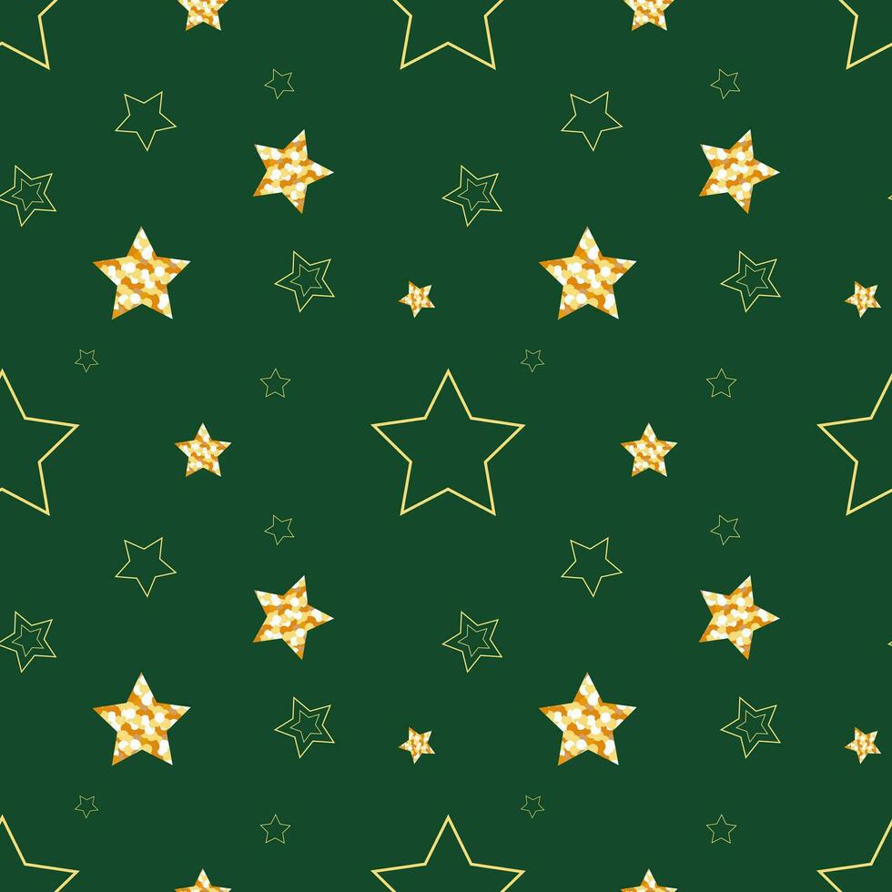 Pattern with gold stars on green background for Christmas holidays. vector