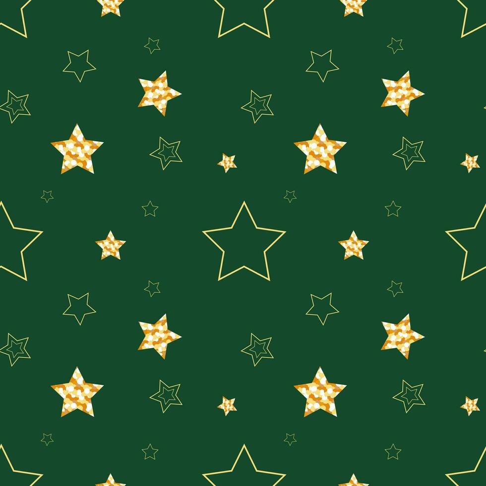 Pattern with gold stars on green background for Christmas holidays. vector