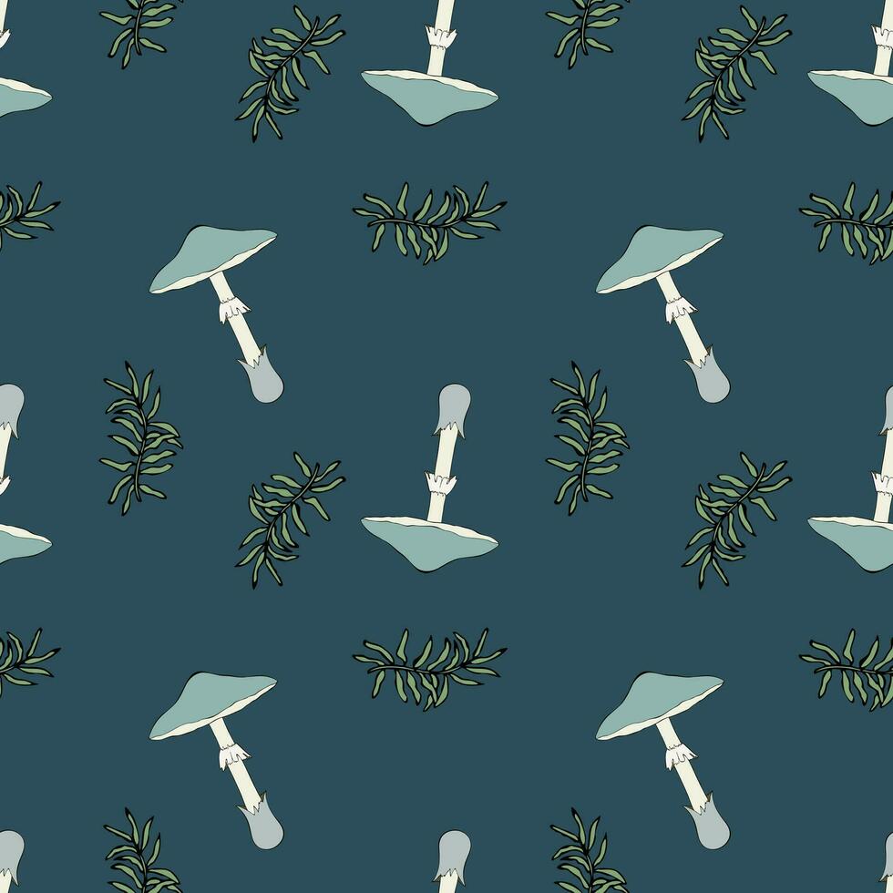 Pattern with Toadstool poisonous mushrooms. On blue background. vector