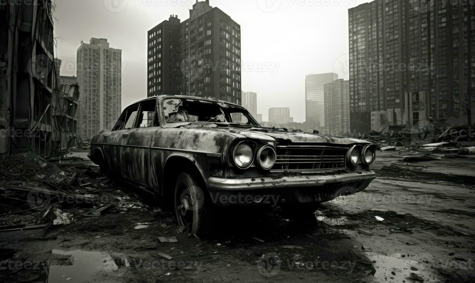 Burnt-out police car in an a city street backdrop. AI generative. photo