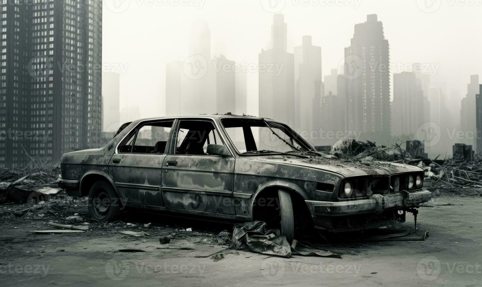 Abandoned, wrecked car in a city. AI generative. photo