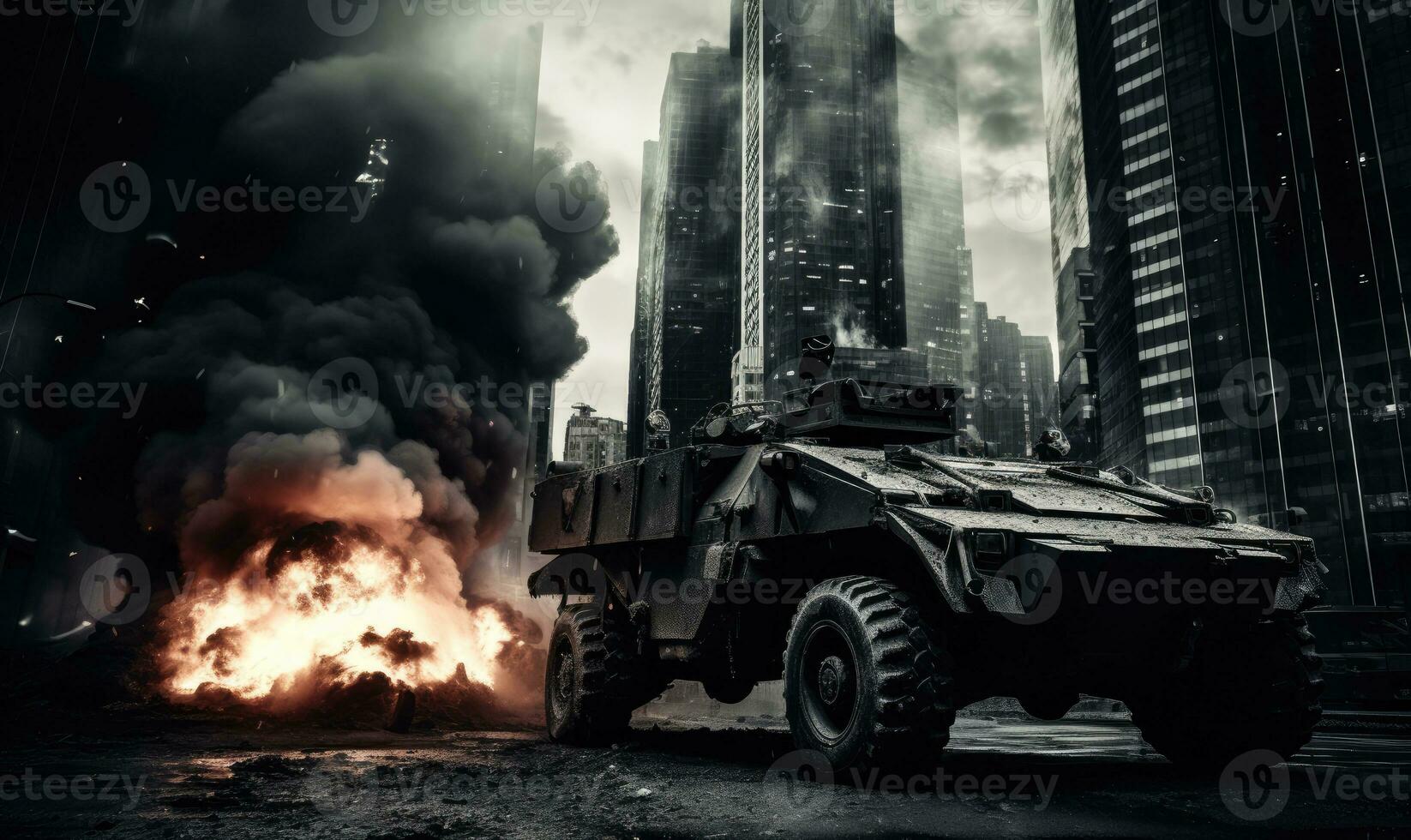 Fiery explosion engulfs a military vehicle amidst a dark .AI generative. photo