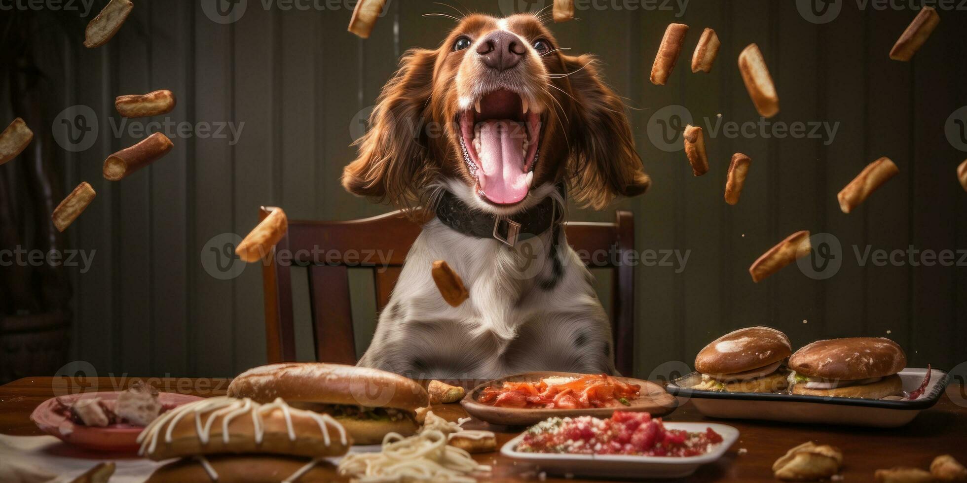 Joyful dog savors a tasty treat of hot dogs. AI generative. photo