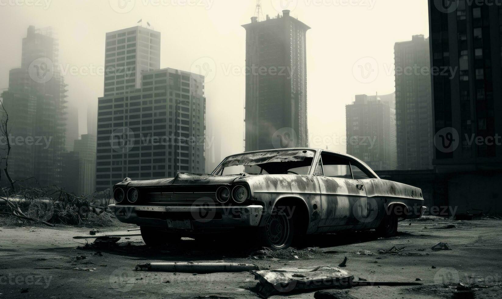 Burnt-out police car in an a city street backdrop. AI generative. photo