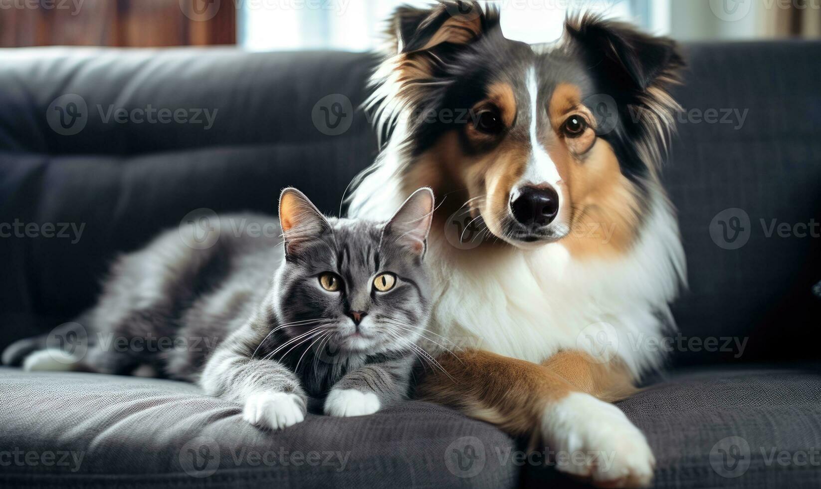 In a serene living room, two adorable pets, a dog and a cat. AI generative. photo