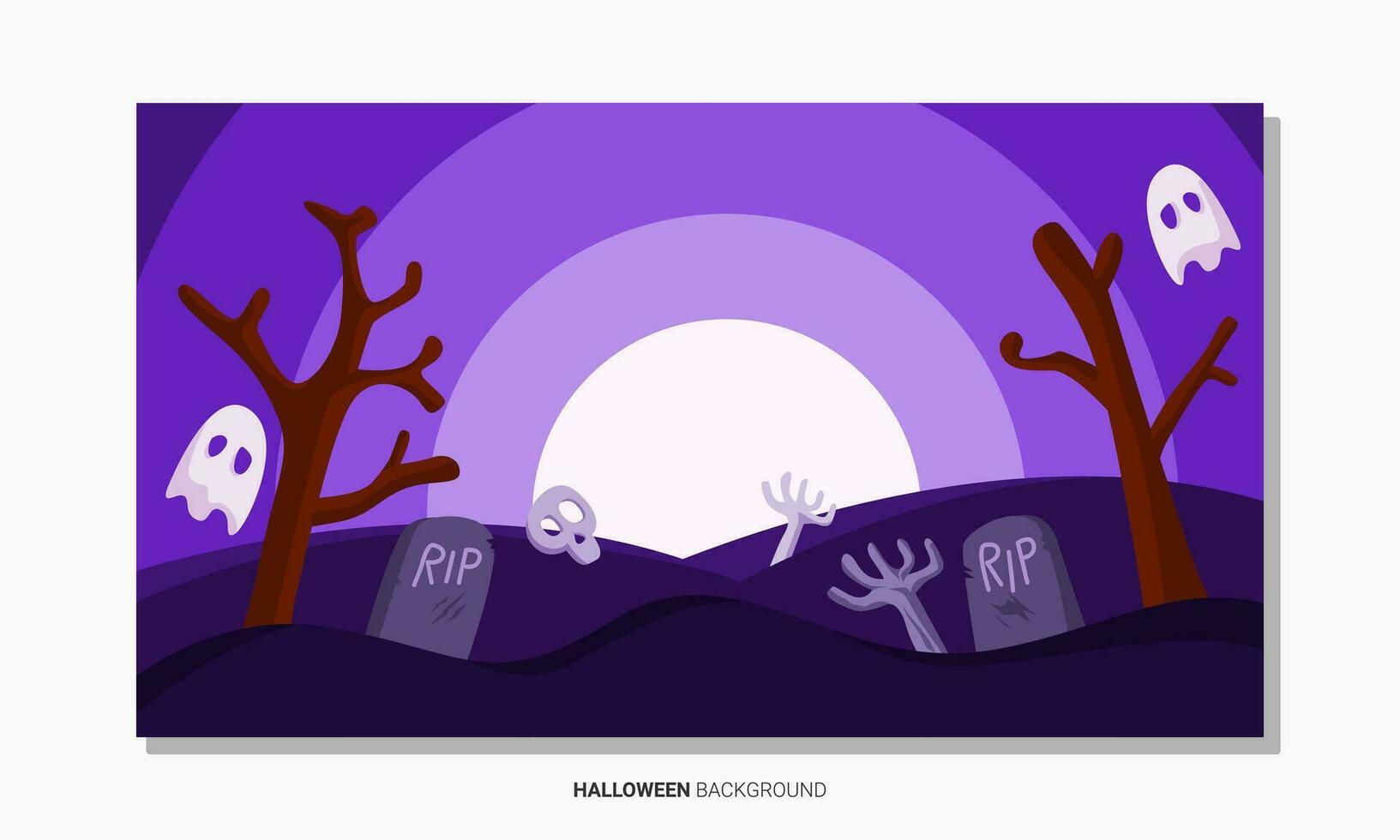 Víspera de Todos los Santos noche fondo, lápidas, calaveras, manos y flotante fantasmas vector ilustración.