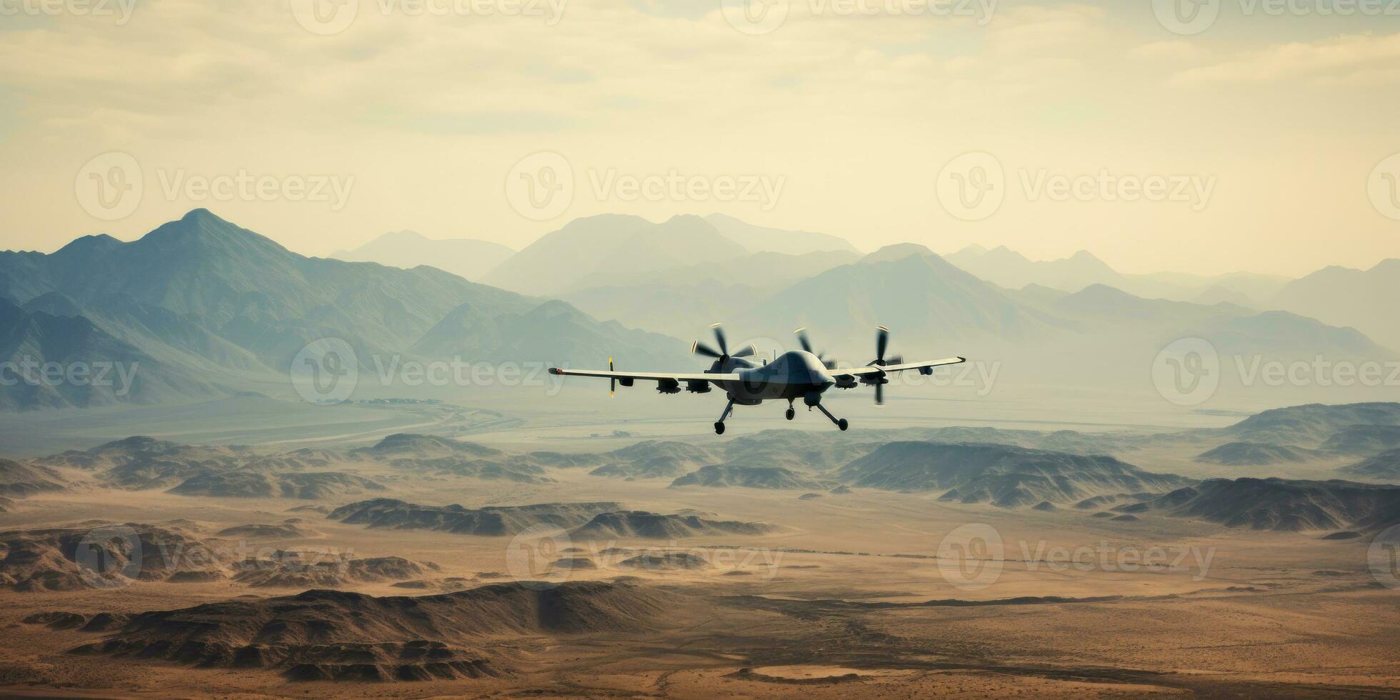 A military drone surveils a vast, barren desert. AI generative. photo