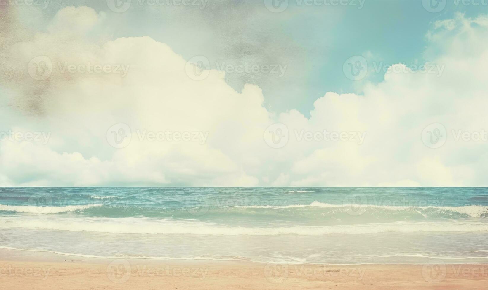 A tranquil beach scene unfolds, with golden sands meeting serene seas under a vast, cloud-filled sky. AI generative. photo