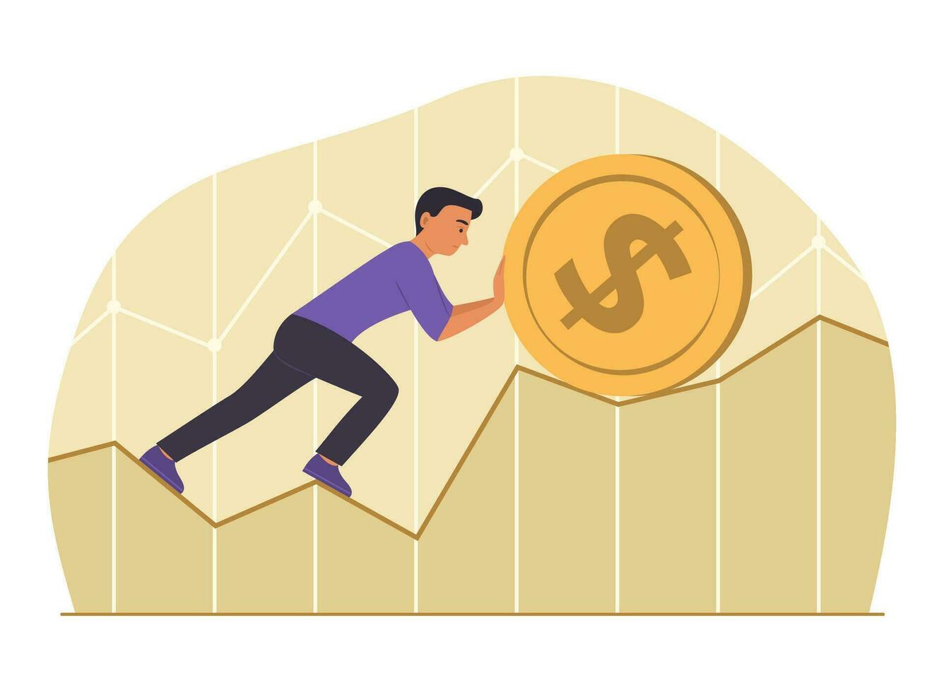 Businessman Pushing a Big Coin of Dollar Currency on Graph Chart for Financial Concept Illustration vector