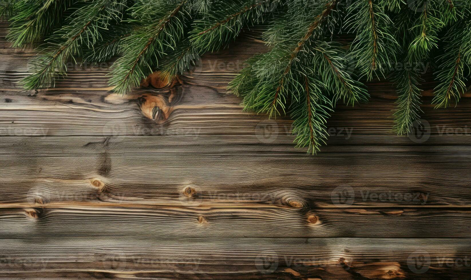 On a textured wooden surface, fresh pine branches. AI generative. photo