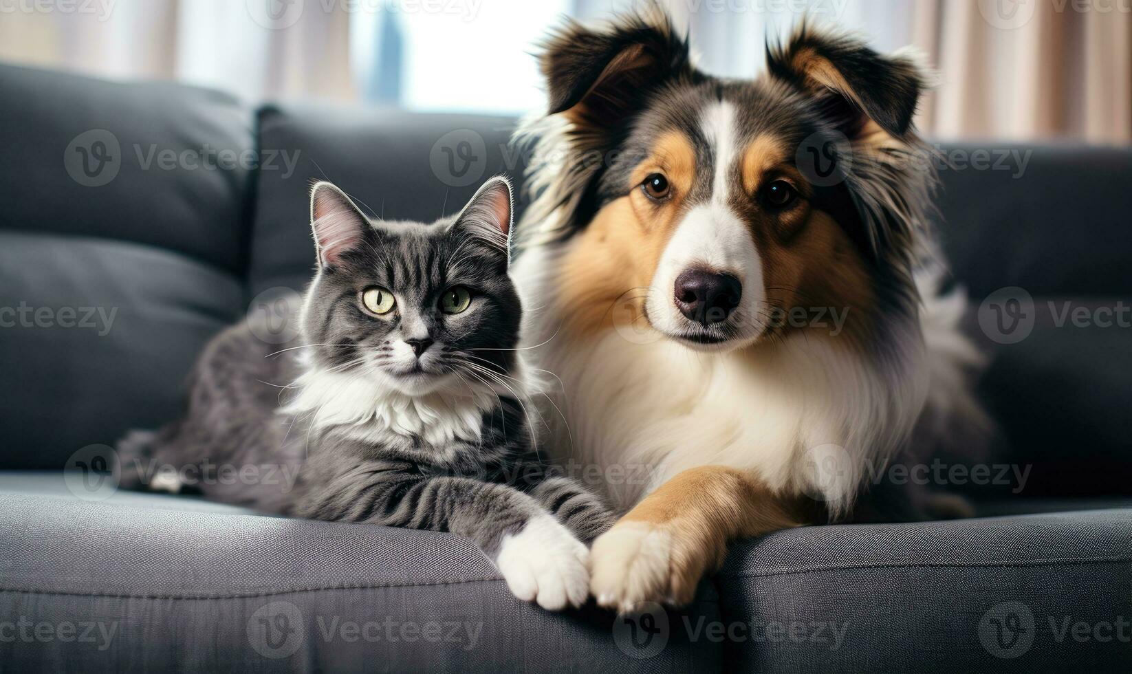 In a serene living room, two adorable pets, a dog and a cat. AI generative. photo