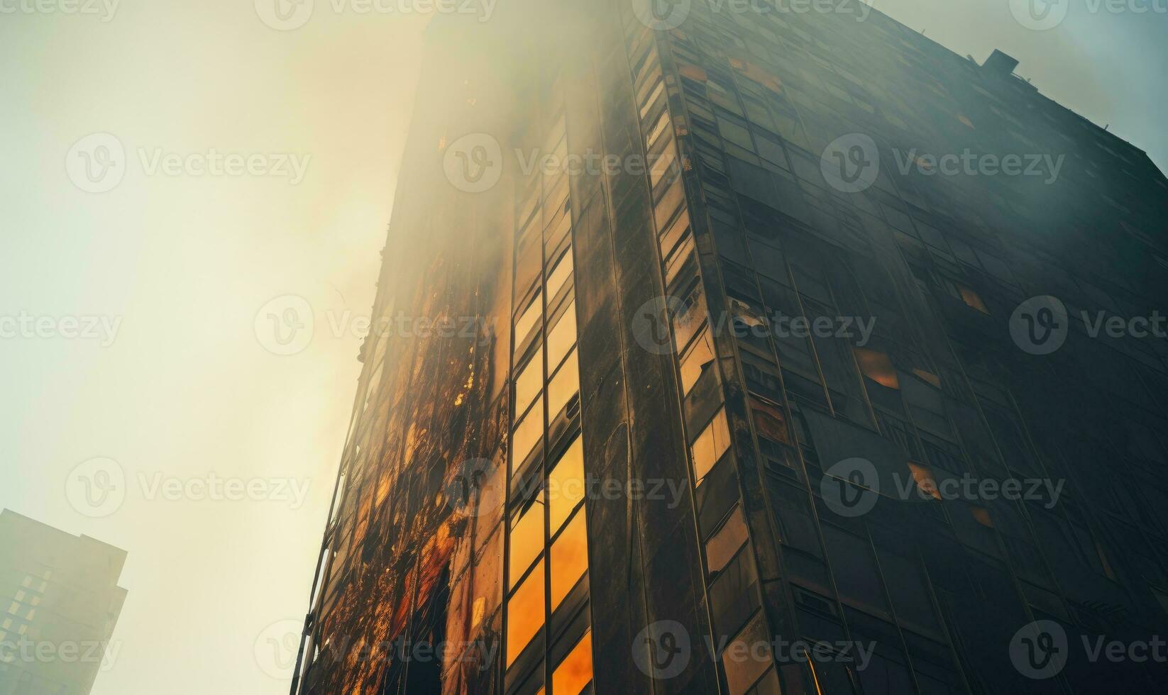 Towering building engulfed in a fierce blaze, with smoke billowing. AI generative. photo