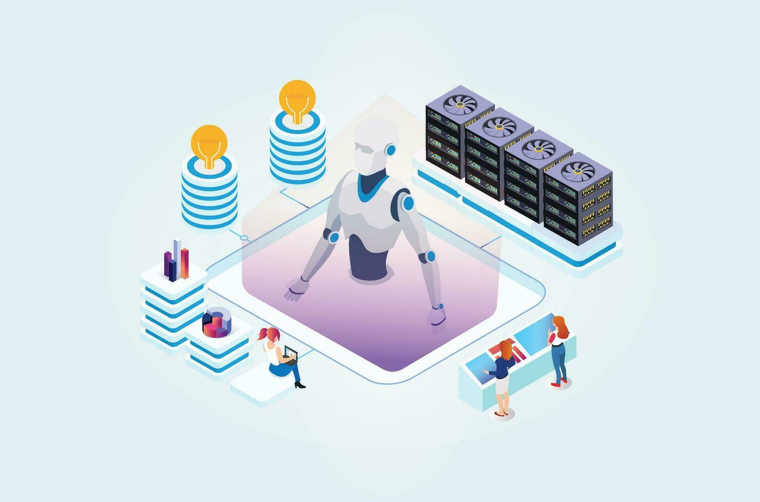 Modern Isometric artificial intelligence robot learning illustration, Web Banner, Suitable for Diagrams, Infographics, Book Illustrations, Game Assets and Other Graphic Related Assets vector