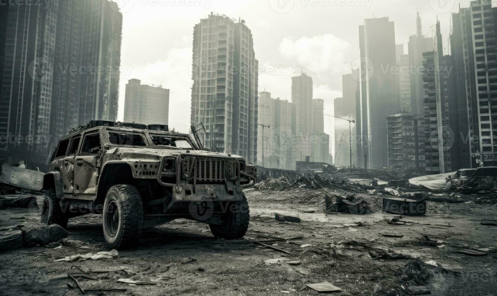 Burnt-out military vehicle. AI generative. photo