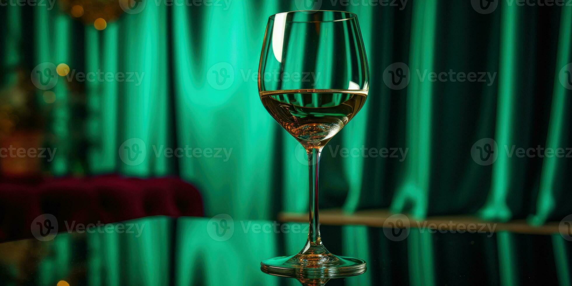 Elegant glass of white wine on a wooden table. AI generative. photo